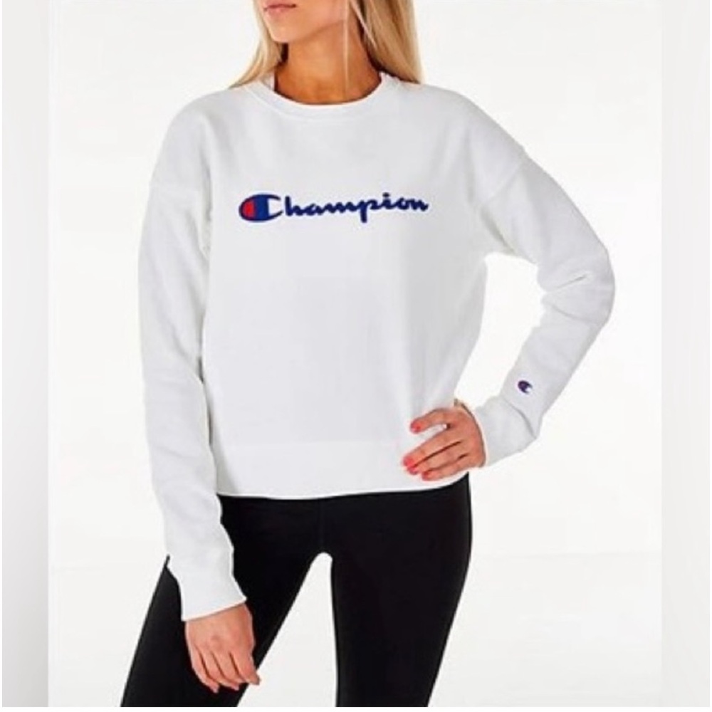 NEW! Champion Powerblend White Fleece Lined Sweatshirt Spellout Women's Size XL